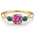 thumbnail image 3 of Gem Stone King 10K Yellow Gold Pink Moissanite and London Blue Topaz 3-Stone Ring for Women | 1.06 Cttw | Round 6MM | Gemstone Birthstone | Size 8, 3 of 6