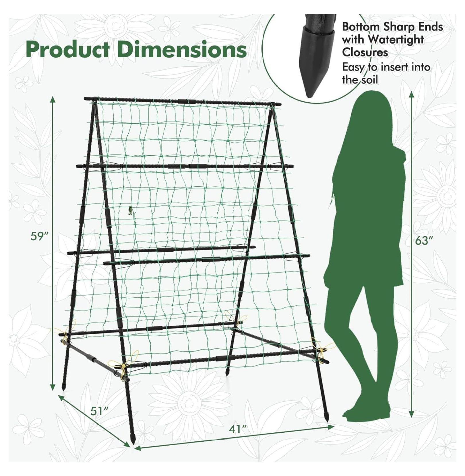 Garden Trellis for Climbing Plants Outdoor, A-Frame Plant Trellis with Netting, Heavy Duty Metal Poles, Plant Clips for Vines, Vegetables, Flowers