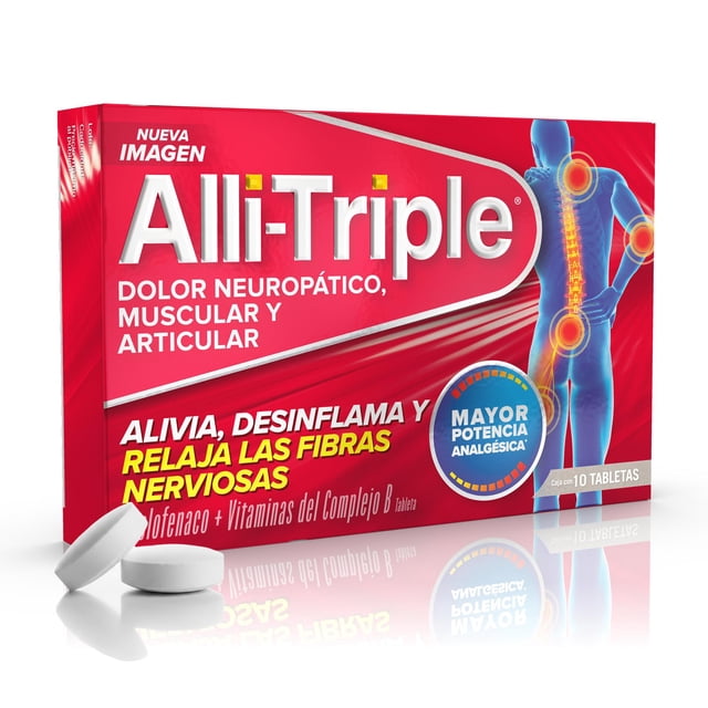 Analgésico Alli-triple Diclofenaco + Vitaminas del Complejo B 10 tabletas