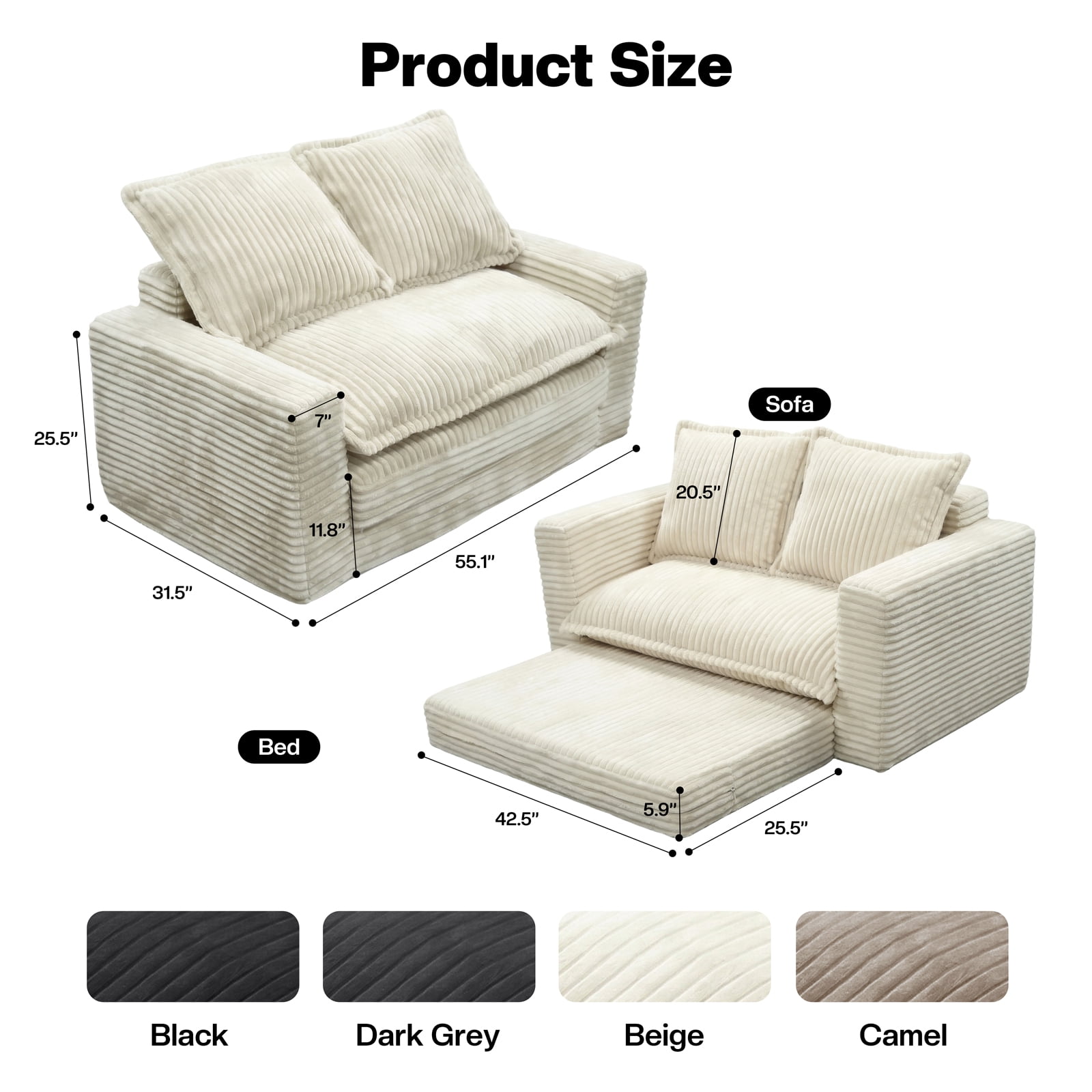 Kelyda Convertible Sofa Bed, 2 in 1 Modern Cloud Boneless Sofa Bed Loveseat Couch Sleeper Chairs for Living Room Beige