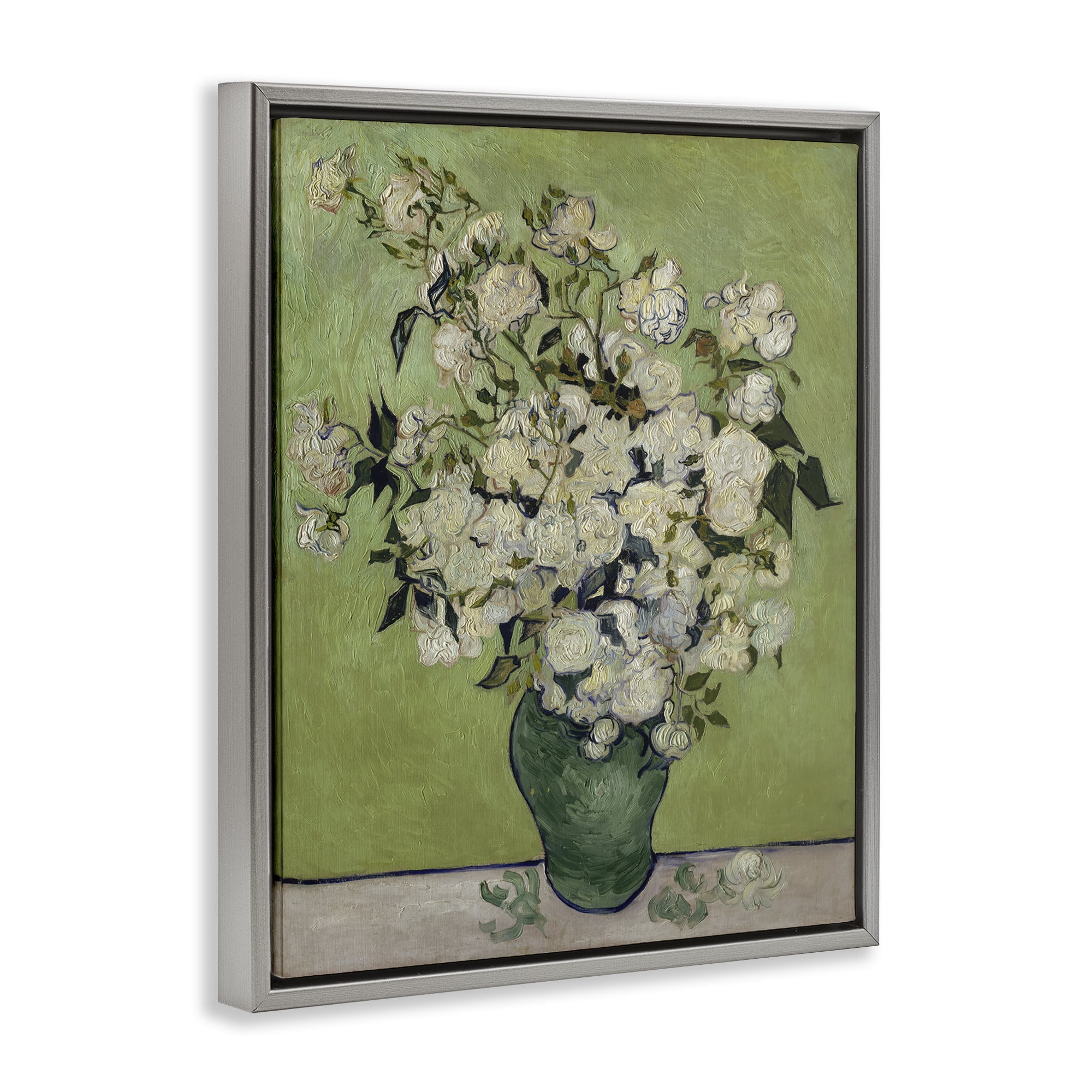 Stupell Industries Van Gogh Vase of Roses Plants & Flowers Painting Gray Floater Framed Canvas Art Print Wall Art, 25 x 31