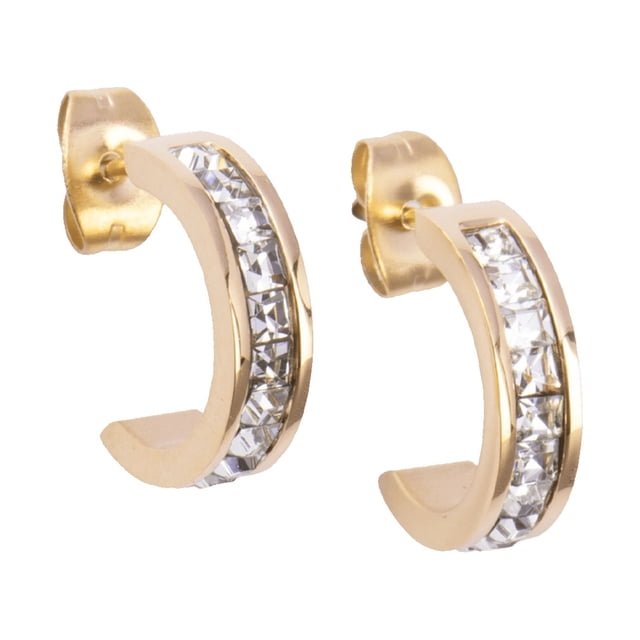Aretes Mujer con Zirconia Cúbica LuckyLy, Arracadas de Acero Inoxidable de Media Luna, Modelo Dara dorado UNITALLA