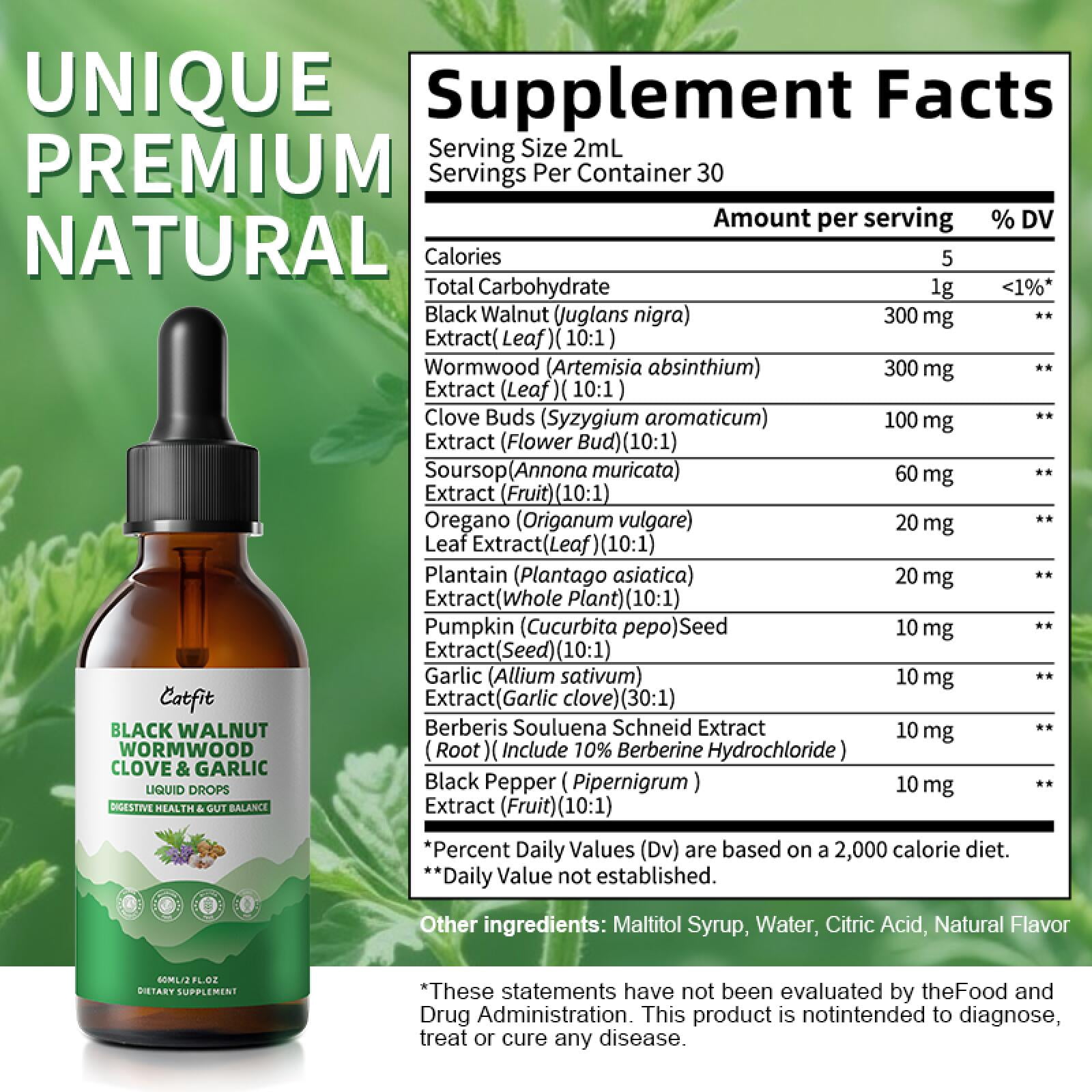 Black Walnut Wormwood Clove & Garlic Liquid Drops, Support Gut Cleanse & Digestive Health, 2 fl oz