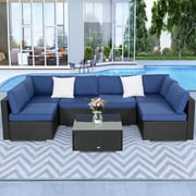 Kinbor 7pcs Outdoor Patio Furniture Sectional Pe Rattan Wicker Rattan Sofa Set w/ Cushions，Dark Blue
