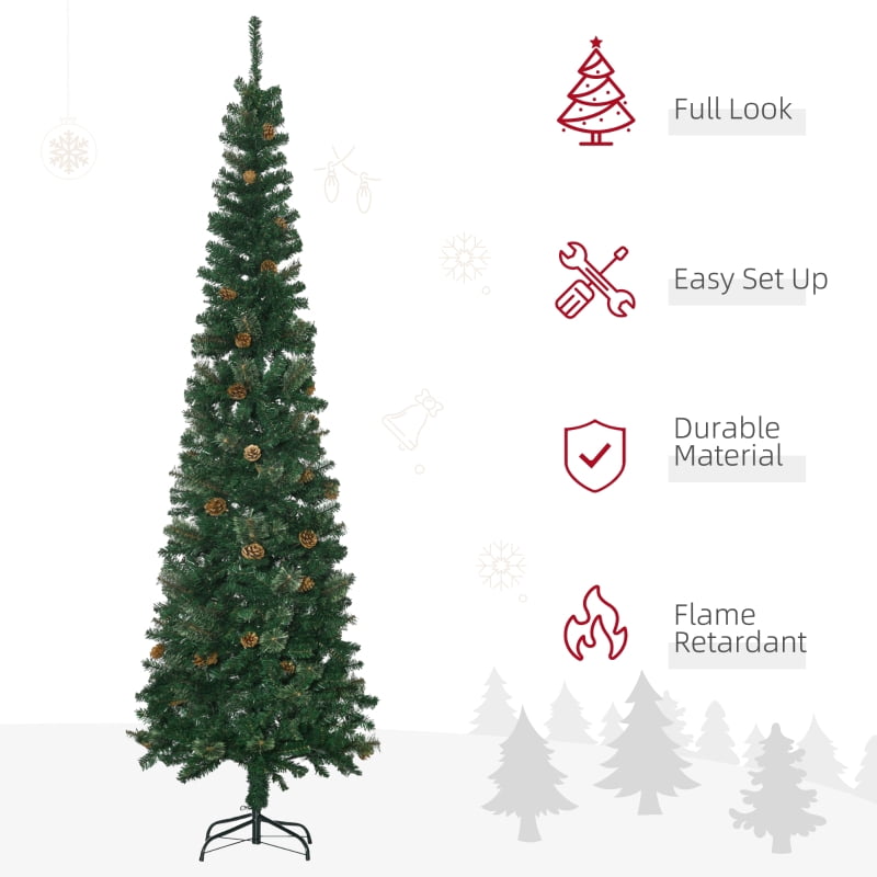 Alvantor Christmas Tree Unlit Pencil with Pine Cones & Metal Stand 31.5"x31.5"x90" 7.5ft Green