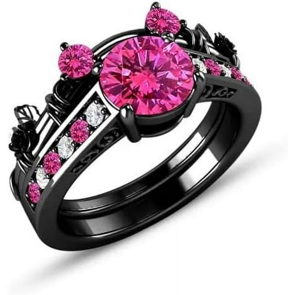 Dreamofdazzles Jewels 925 Sterling Silver 2.12 Ct Round Cut Pink Sapphire Wedding Engagement Thanksgiving Christmas Bridal Ring Set 14K Black Gold Plated For Women's -8.5
