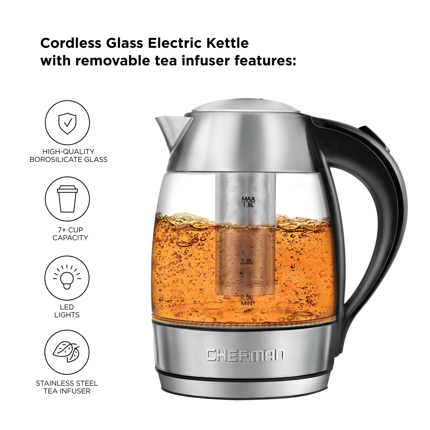 Chefman Electric Glass Kettle LED Indicator Lights, 360 deg Swivel Base,  BPA Free, Stainless Steel, 1.8 Liters