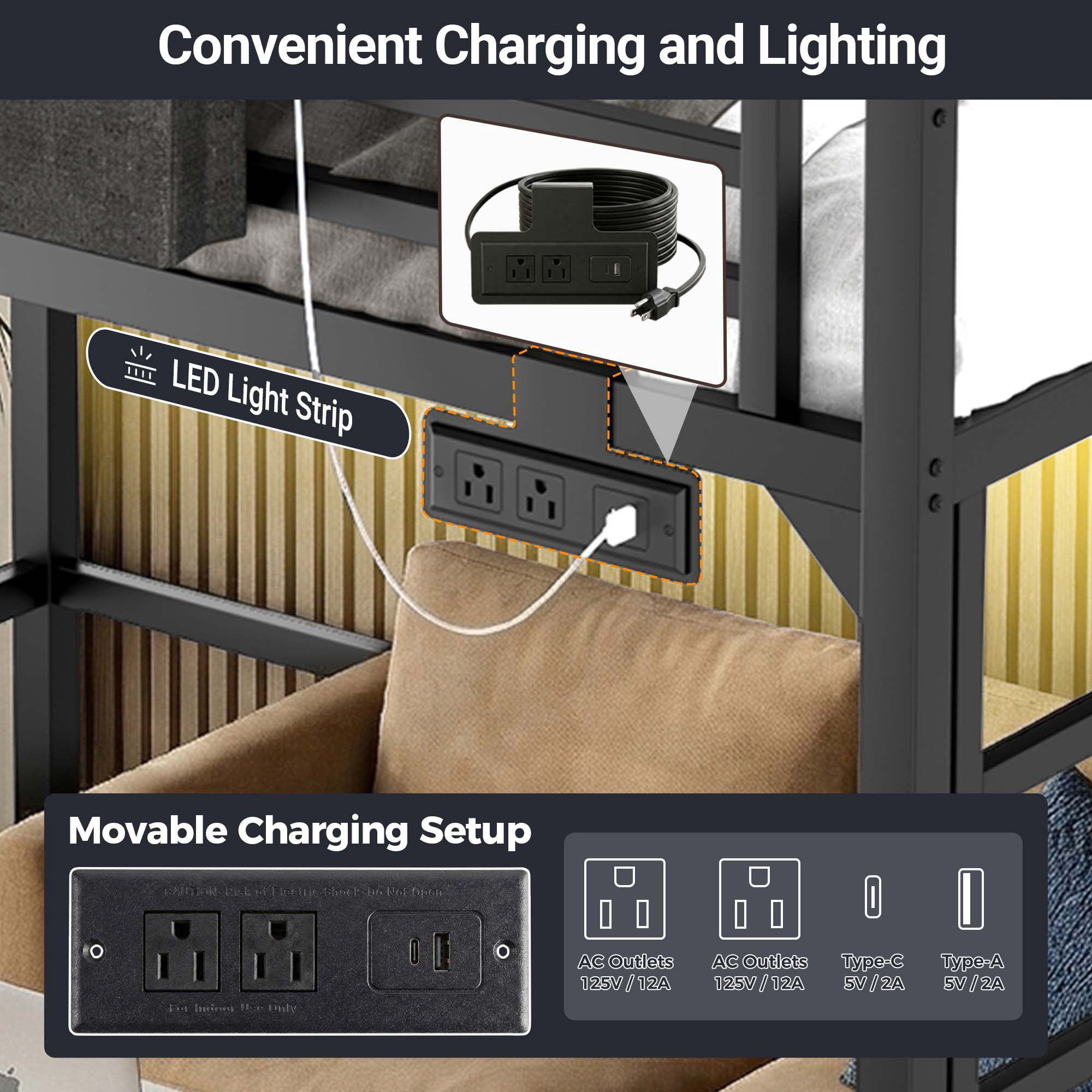 Miniyam Queen Metal Loft Bed with LED and Charging Station for Adults and Apartments, Black
