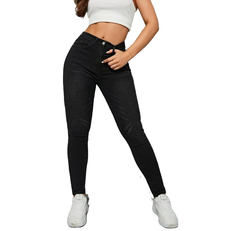 Women s Stretchy Skinny Jeans High Rise Denim Pants Black