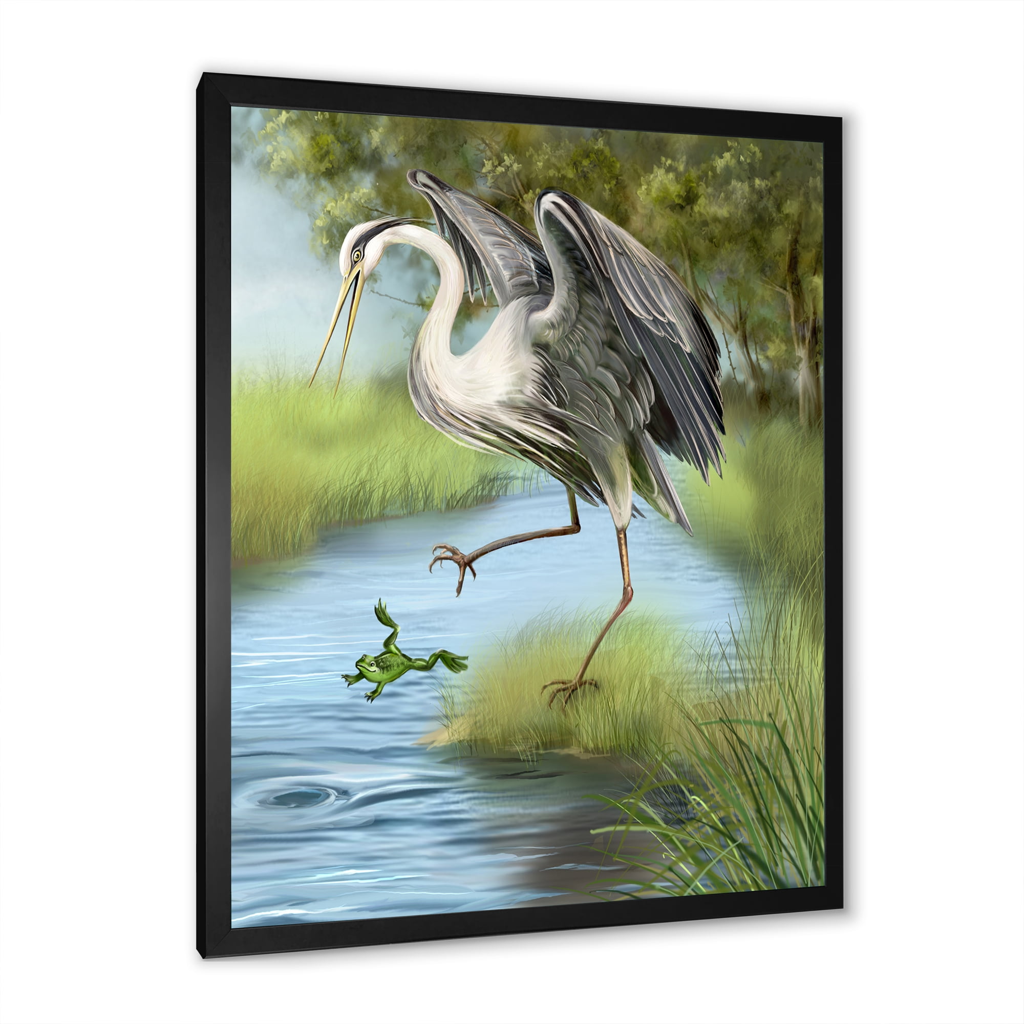 Designart 'Crane Hunting A Frog' Farmhouse Framed Art Print