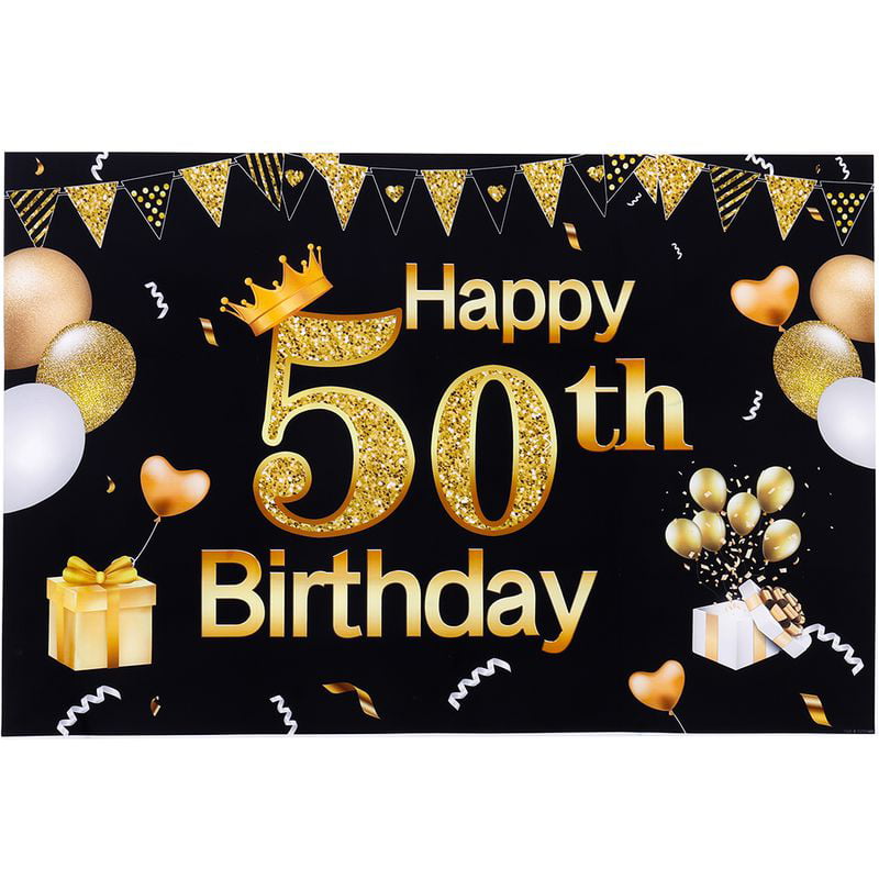 Happy 50th Birthday Backdrop Banner Extra Large Fabric Black Gold 50 Anniversar