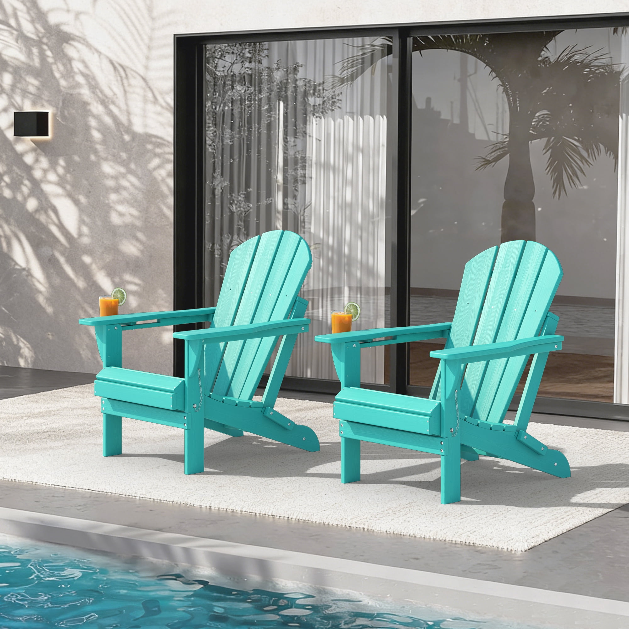 Folding Adirondack Chair Set of 2, Oversized HDPE Plastic Patio Chairs, Aqua