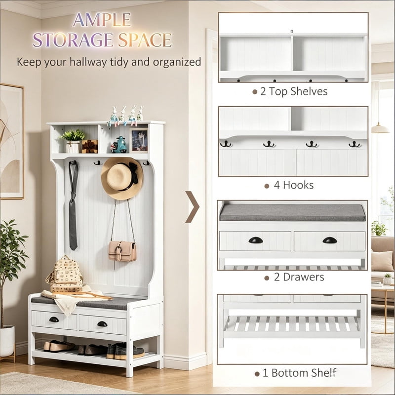 Multifunctional Hall Tree with Storage Bench,4 Hooks, 2 Drawers & Shoe Shelf, Modern Entryway Coat Rack Stand for Living Room, Mudroom,White + Gray)