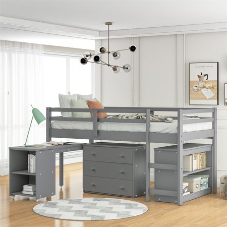 Twin Size Loft Bed with Rolling Portable Desk for Kids and Teens  Low Stairway Bed Frame with Storage Cabinet and Shelves  Multifunctional Bed with Full-Length Guardrail for Bedroom  Gray