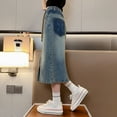 thumbnail image 6 of XQYLOS Teens Girls Denim Skirts High Waist Elastic Waistband A-line Midi Skirts with Drawstring Pockets for Toddler Kids Children's Slit Denim Skirts, 6 of 9
