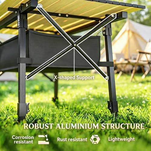 Compact Folding Camp Table, Portable Outdoor Dining Table with Storage Basket, Adjustable Height 17.7"-26", Lightweight Aluminum Frame, Brown