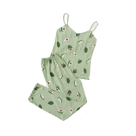 

Fruit&Vegetable Lettuce Trim Pant Sets Spaghetti Strap Sleeveless Sleepwear Cute Women s Pajama Sets