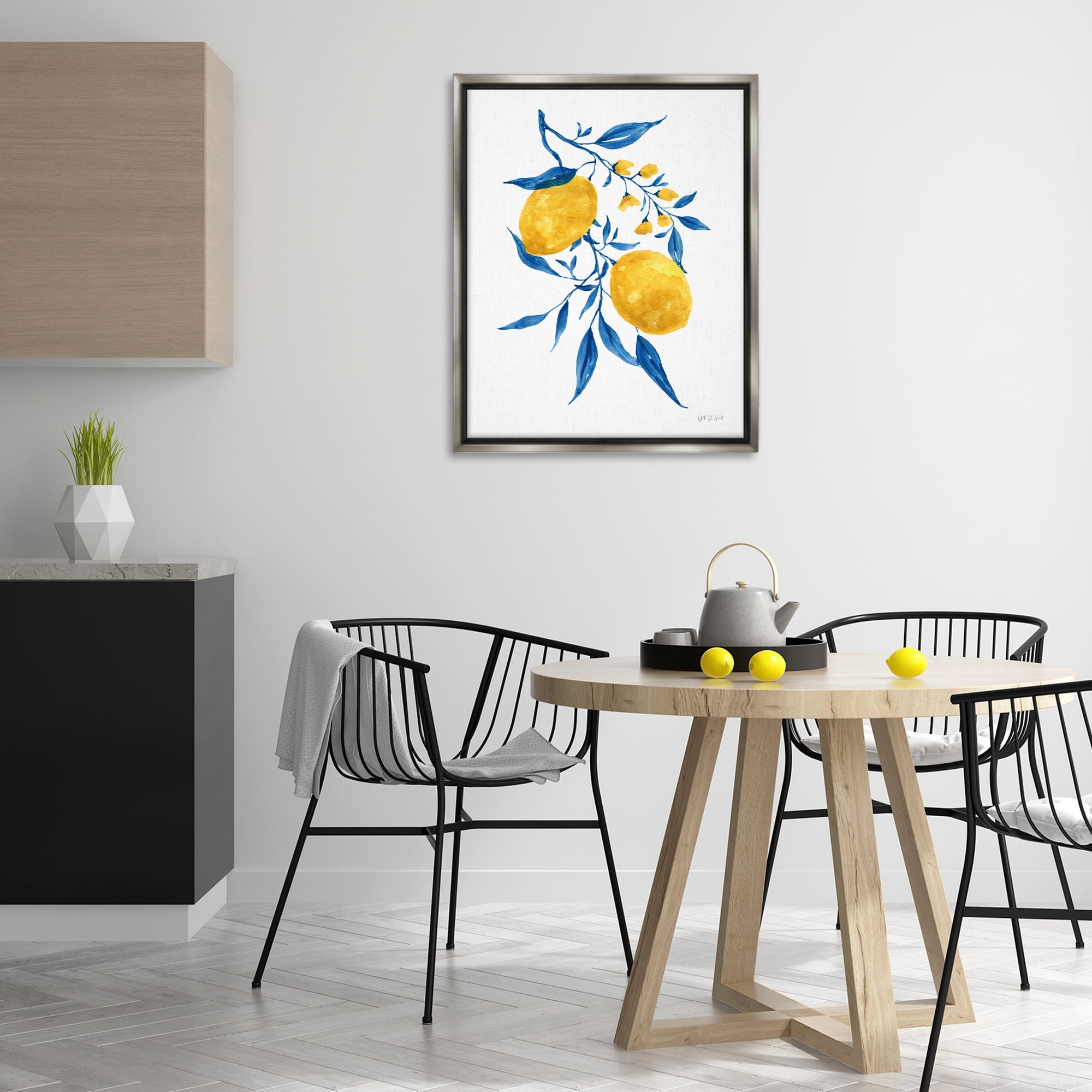 Stupell Industries Lemons with Blue Leaves Food & Beverage Painting Gray Floater Framed Canvas Art Print Wall Art, 25 x 31