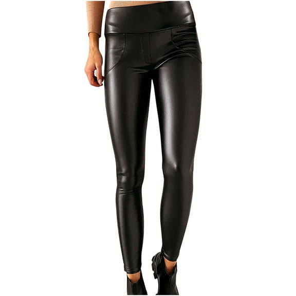 ShomPort Women's High Waist Leather Leggings Tights Stretchy Fashion Trouser with Pocket