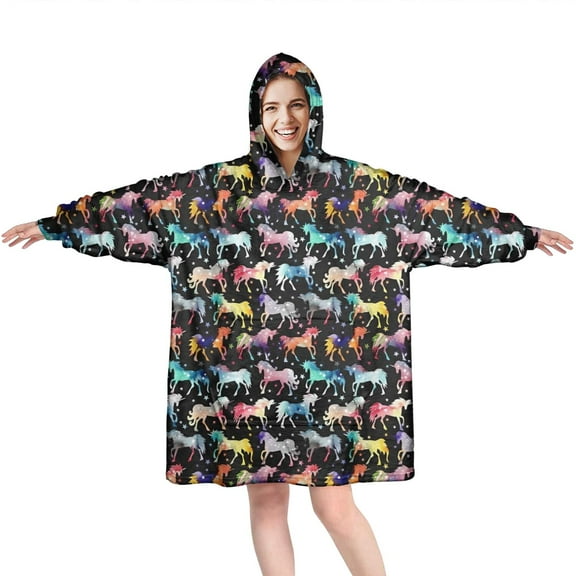 Wearable Oversized Blanket,Black Colorful Horse Pattern Wearable Blanket Hoodie for Adults,Cozy Hooded Blankets with Super Pockets,Super Warm Fuzzy Pullover for Women & Men