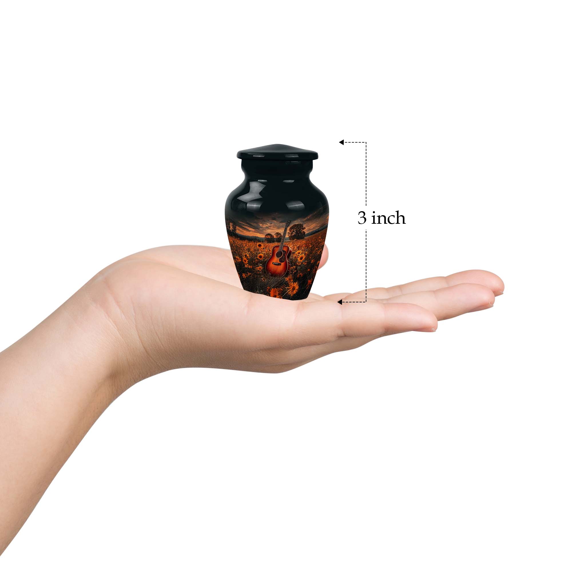 Guitar Urns For Human Ashes For Adults - Brown Keepsake For Ashes For Husband And Wife - Black Small Urns For Male, 3 Inch - Burial Mini Urn For Adult Female - Keepsake Sunflower Urn For Dad