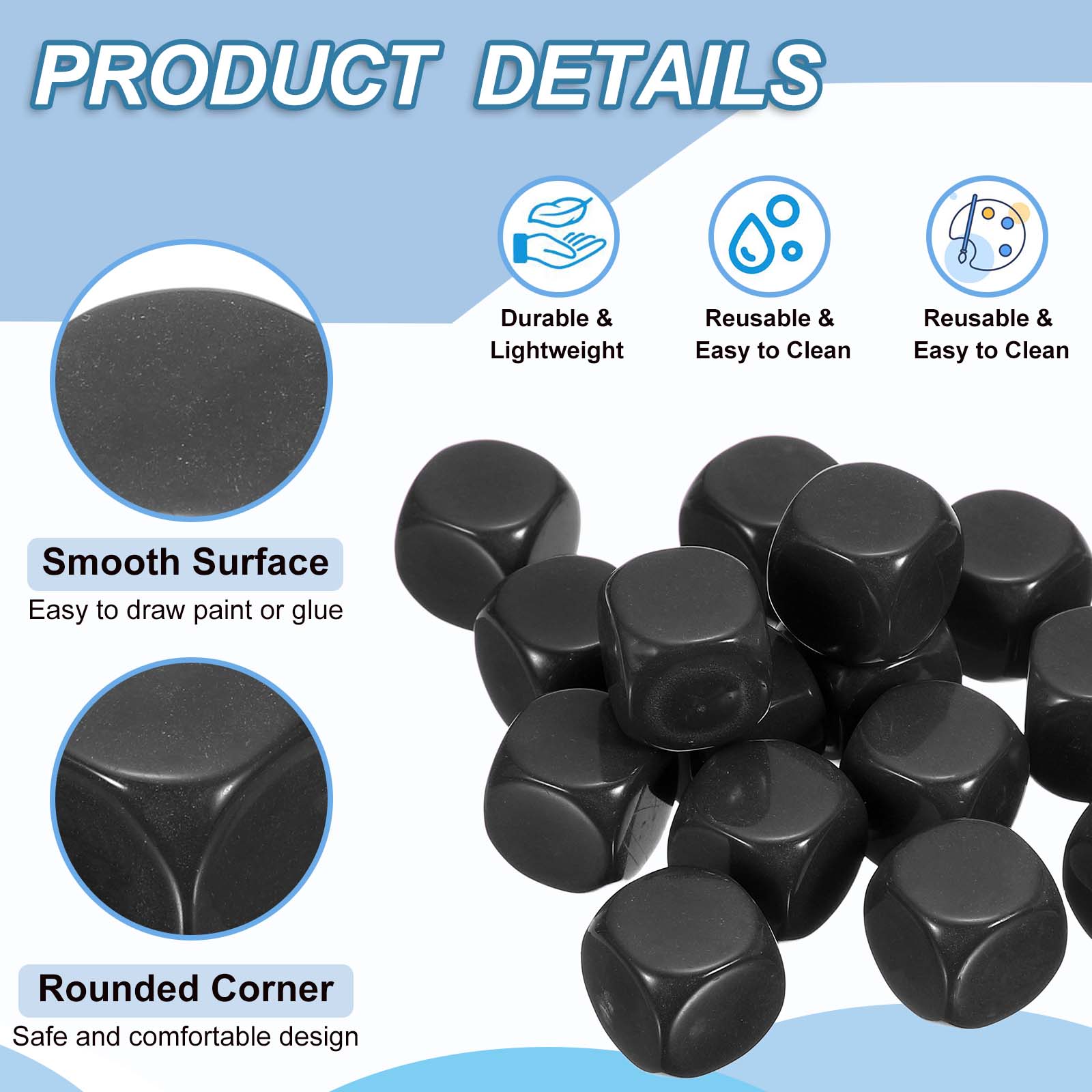16 mm Acrylic Dice Blank, 100 Pcs Rounded Corner Blank Dice with Smoothed Surface Six Sided for Board, Black