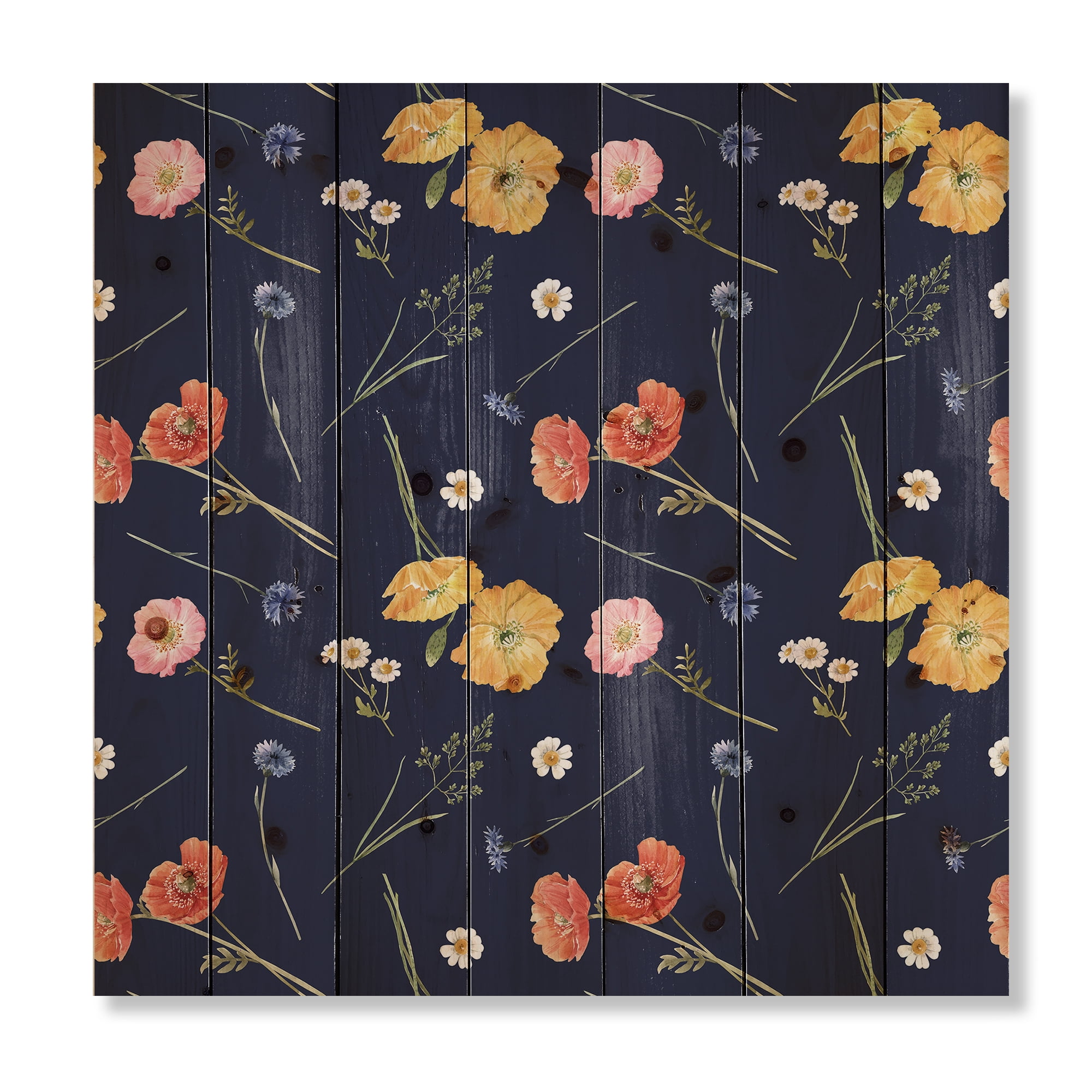 Designart 'Yellow and Orange Wild Flowers On Dark Blue' Traditional Print on Natural Pine Wood