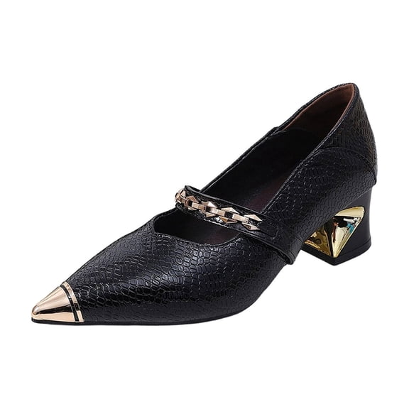 HomeDM Women's Low Block Heels Mary Jane Closed Pointy Toe Slip On Chunky Heels Vintage Dress Pumps, Black Size 7.5