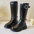 thumbnail image 3 of Girls Knee High Motorcycle Boots Fashion Buckle Winter Waterproof Tall Riding Booties Lug Sole Chunky Heel Zipper Dress Long Boots Black 13 Little Kids, 3 of 6