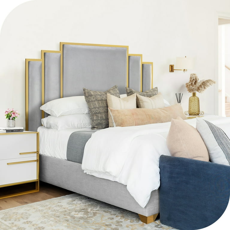 Dextrus Gold Upholstered Metal Framed Crown Queen Headboard in
