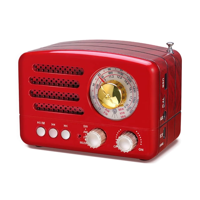 Radio portátil retro vintage PRUNUS J-160 con Bluetooth, color rojo
