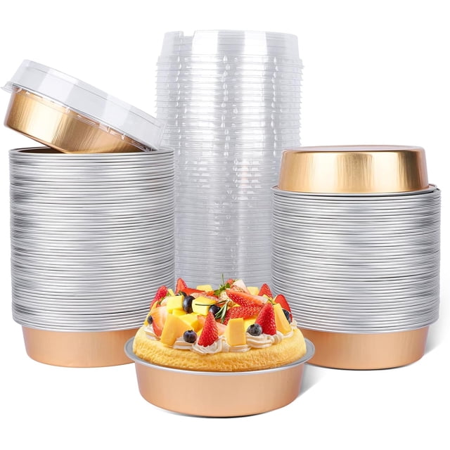 Mini Ramekins with Lids oz Disposable Aluminum Foil Cake Baking Tins Pans Creme Brulee Tart Pie Tins Silver Small Individual Round Containers Oven for Baking