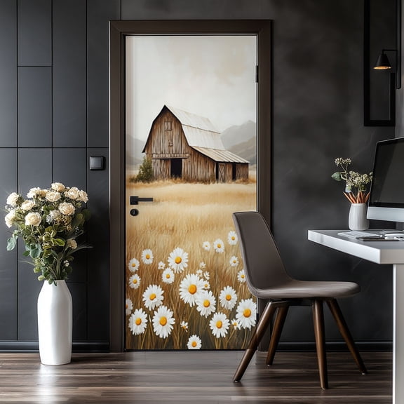 Door Stickers Peel and Stick Door Mural Rustic Barn Daisy Field Country Landscape Western Removable Wallpaper 30.3''x78.7'' Self-Adhesive Mural for Kitchen Living Room Bedroom Decor