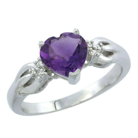 White Gold Genuine Amethyst Ring - 10K White Gold Genuine Amethyst Ring Heart-shape 7x7mm Diamond Accent size 5
