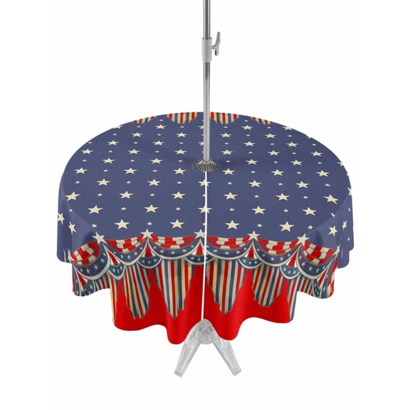 Outdoor Tablecloth with Umbrella Hole for Patio/Picnic/Party/Camping, Independence Day Waterproof Table Cloth Round Cover Washable, 4th of July Star Blue Red Striped (Dia 54")