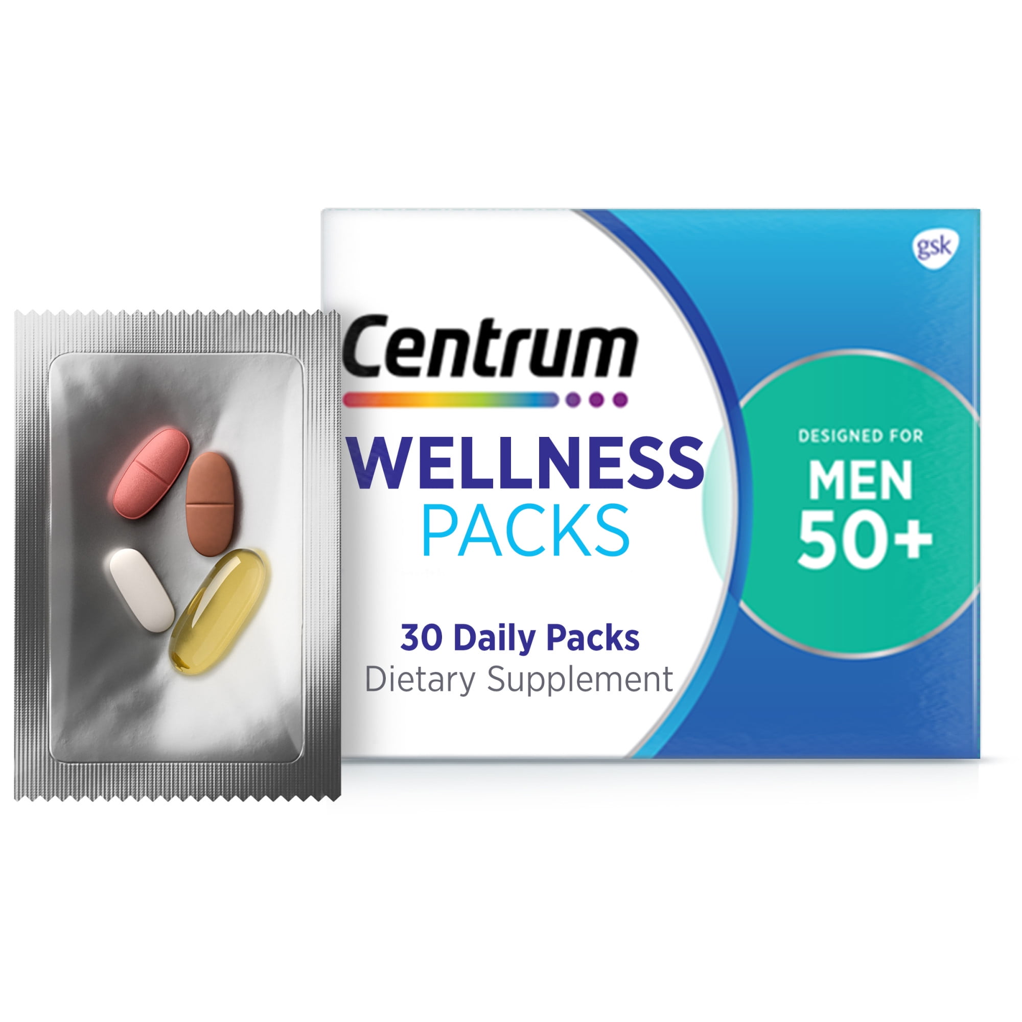 Centrum Wellness Packs Daily Vitamins for Men In Their 50S, With Calcium Carbonate, Fish Oil - 30 Packs