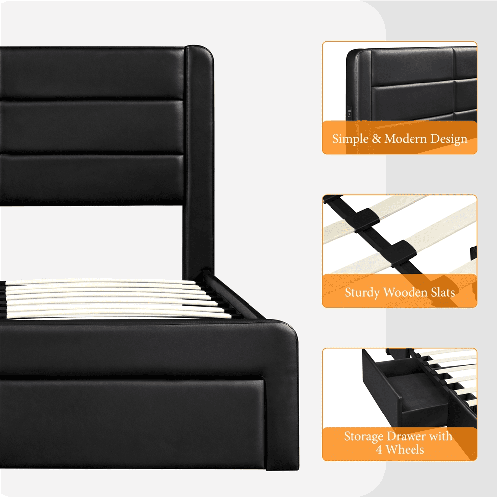 Renwick Upholstered Platform Full Bed with 3 Storage Drawers and Built-in USB Ports for Adults, Black