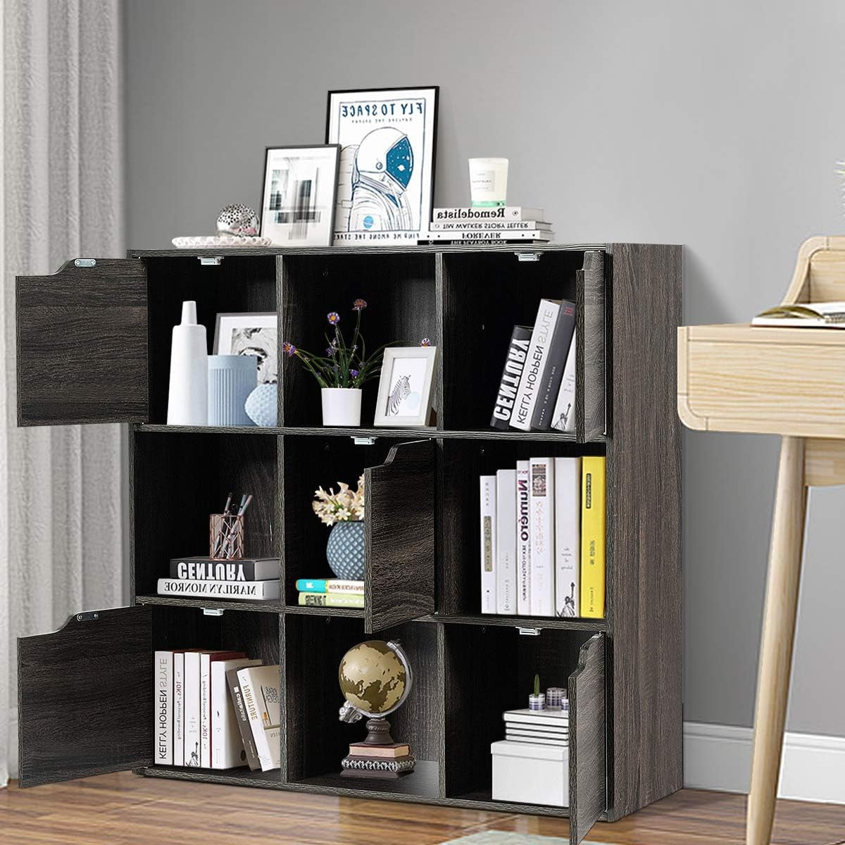 Favory 9-Cube Storage Organizer, Storage Cabinet with 4 Open Cubes and 5 Cabinets, Freestanding Wooden Cubby Bookcase, Compartment Units for Home Office, 3-Tier Bookshelf for Books,Grey
