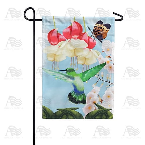 America Forever Spring Hummingbird Garden Flag 12.5 x 18 inches Double Sided Red and White Flowers, Butterfly, Greenery - Seasonal Yard Lawn Outdoor Decorative Spring Bird Garden Flag