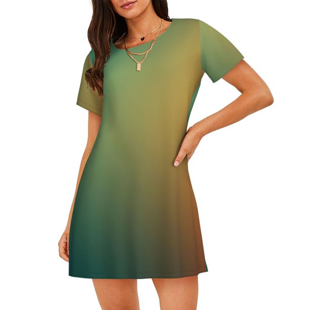 Balery Orange To Teal Gradient Camisón de manga corta con cuello redondo para mujer, cómodo y elegante.