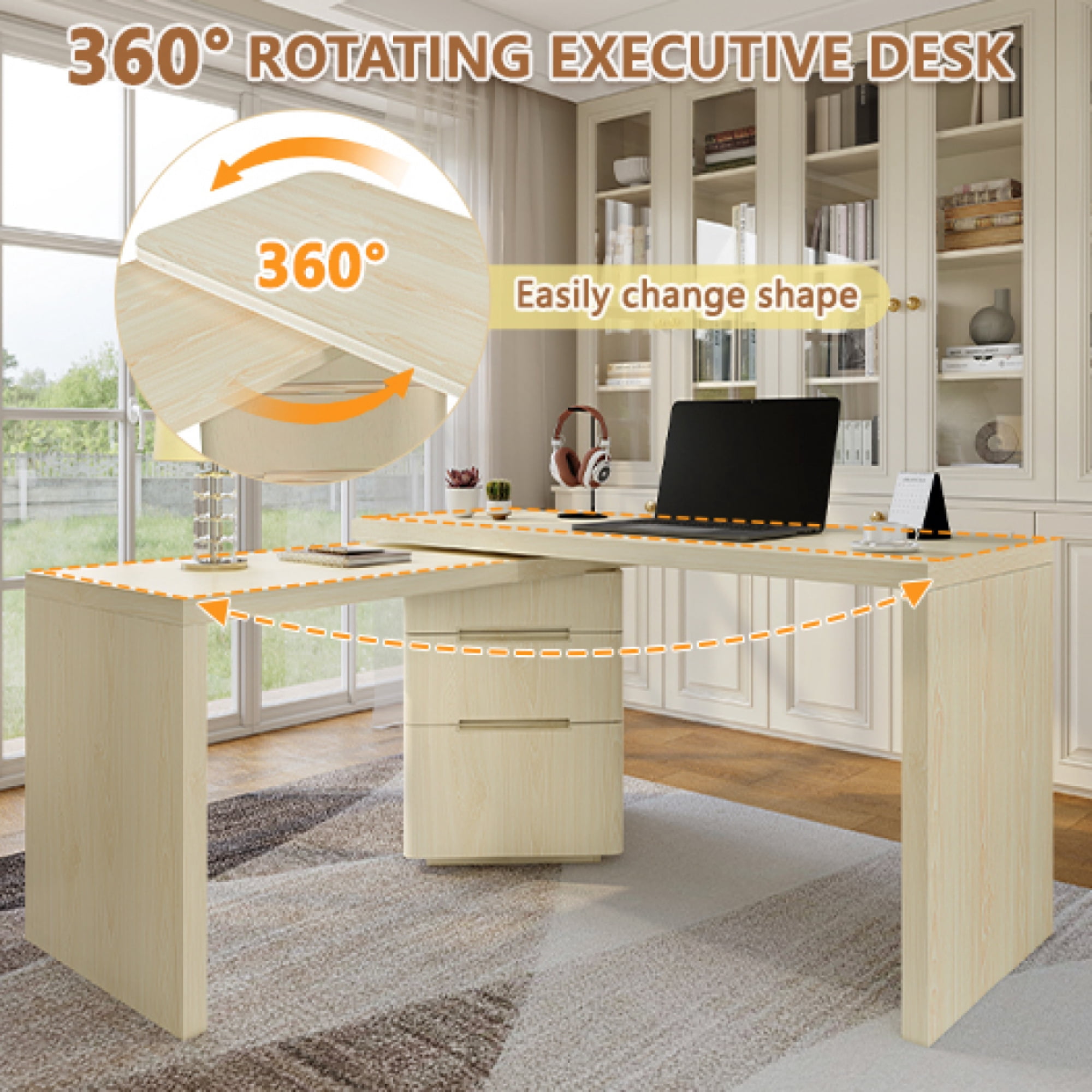 90" Modern L-Shaped Walnut Desk 360° Rotating Corner Executive Desk with 3 Drawers for Home Office,Natural Wood