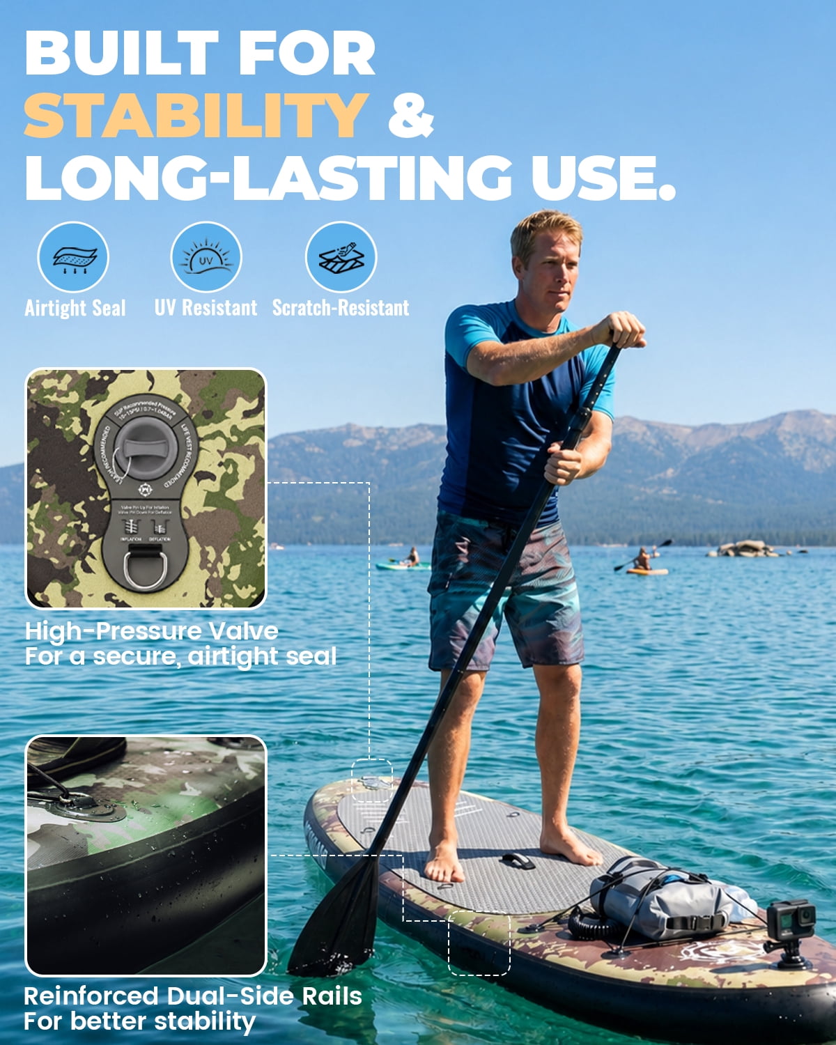 10'6" Inflatable Stand Up Paddle Board for Adults, Non-Slip EVA, Camera Mount, Camouflage