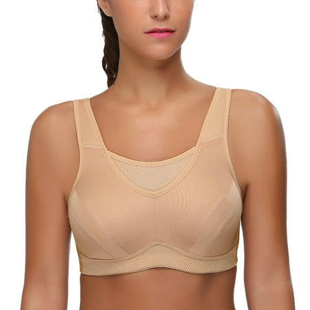 Wingslove Women s Sports Bra Full Coverage Wireless Bra Plus Size High Impact Non Padded Workout Bra Beige 44DDD
