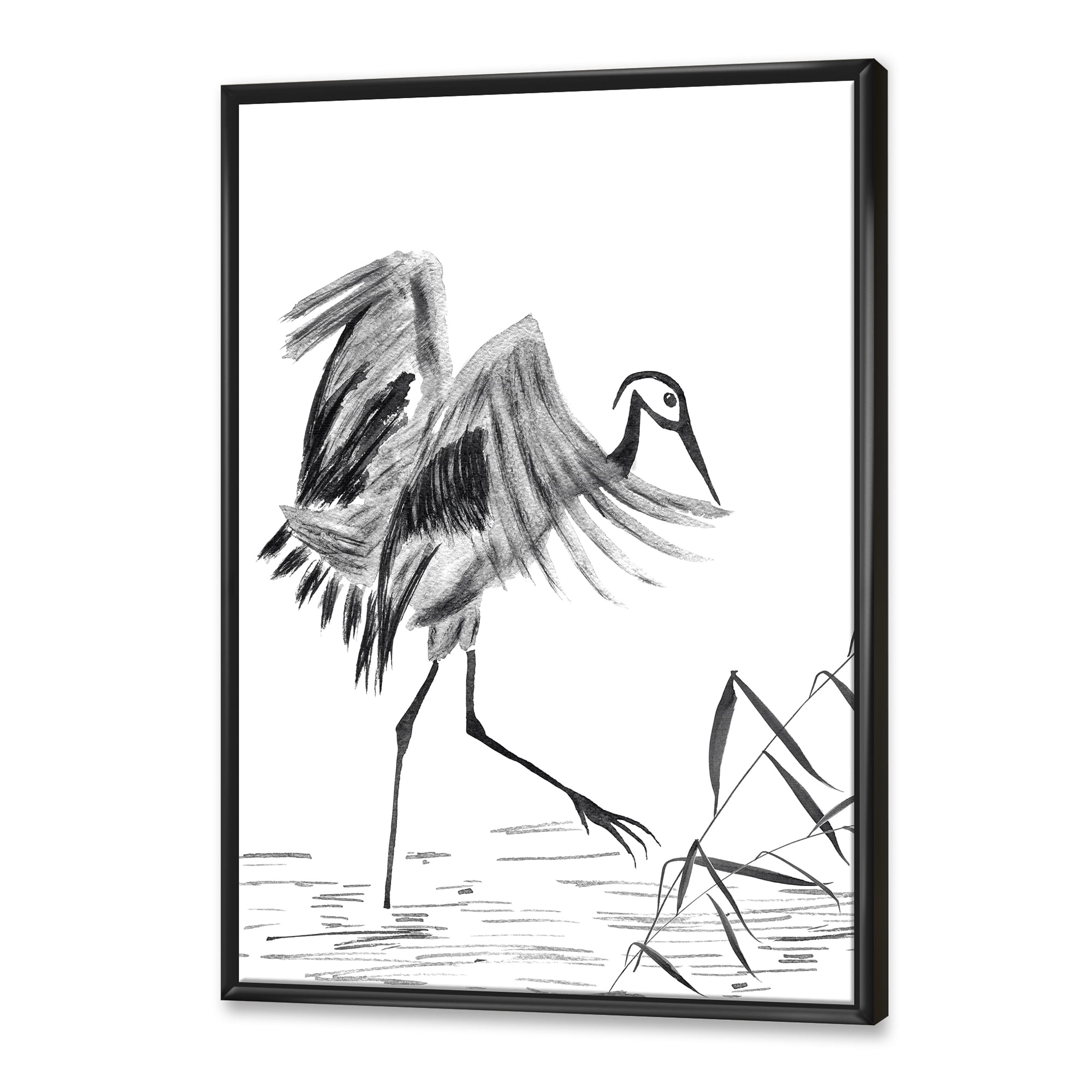 Designart 'Monochrome Japanese Oriental Crane Bird' Traditional Framed Canvas Wall Art Print