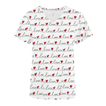 

Women Printed Scrub Tops Valentine s Day Love Patterned Medical Nurse Uniform Soft Short Sleeve V Neck Working Scrubs