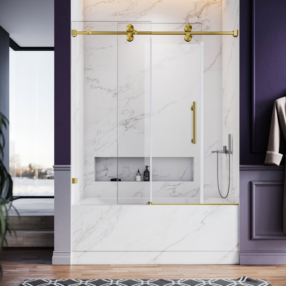 UKS04- 56-60 Inch x 66 Inch Sliding Frameless Bathtub Door, 3/8" Tempered Glass with Easy-Cleaning Coating, Stainless Steel Rollers & SGCC-Certified Stability, Bright Chrome