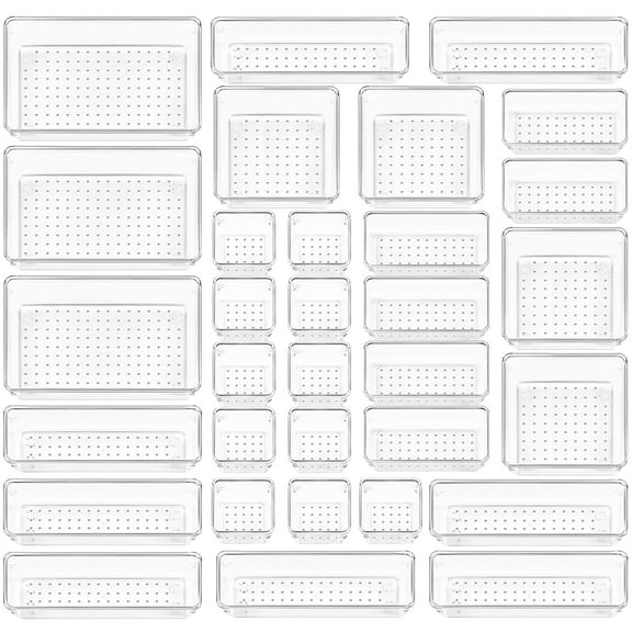 LeaderPro 32 Pcs Drawer Organizer with 5 Sizes Clear Desk Drawer Dividers Plastic Storage Containers