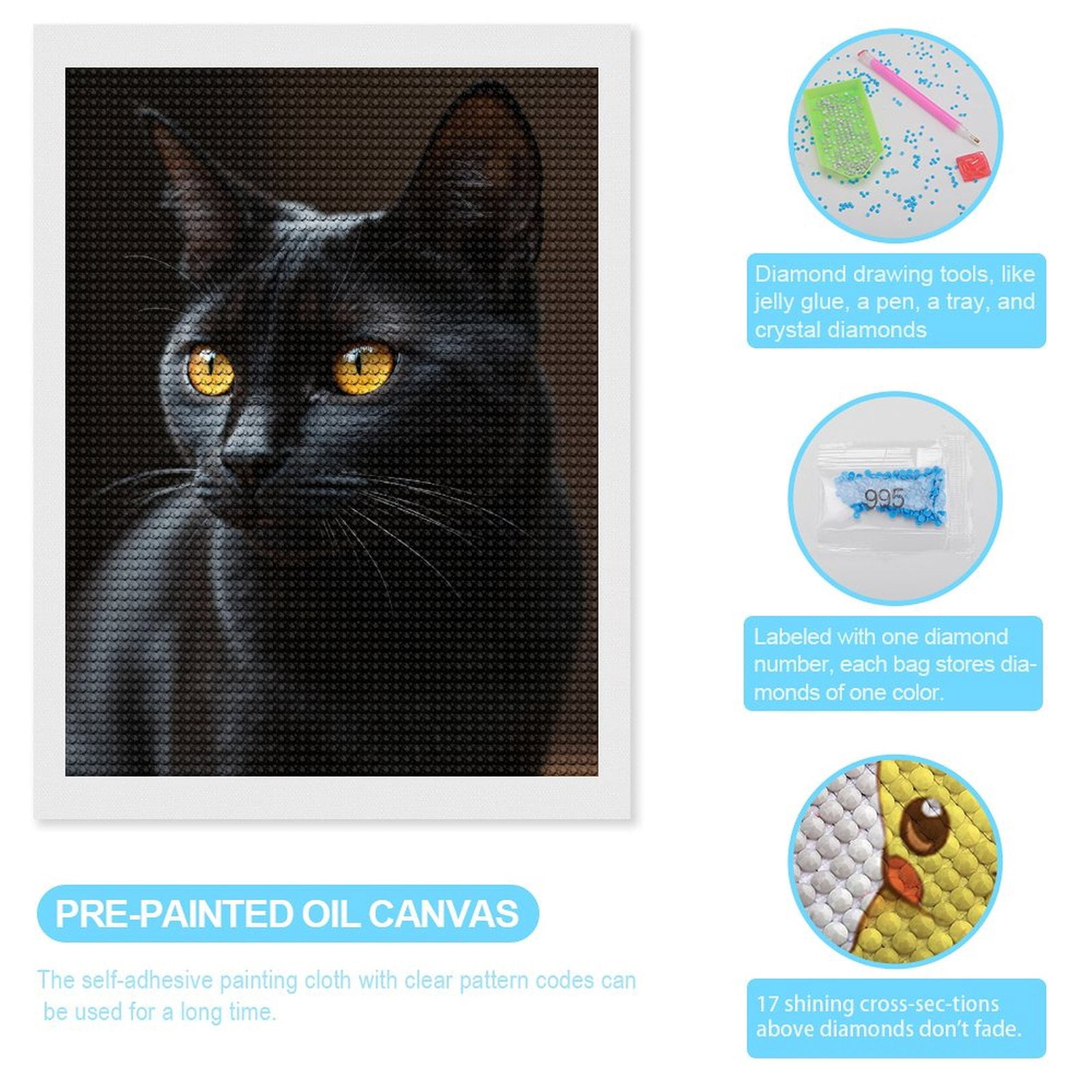 Diamond Art Kits for Adults, Black Cat Golden Eyes Portrait 5D Diamond Painting Kits for Adults Beginners, DIY Full Drill Diamond Painting, Gem Art and Crafts 12x16