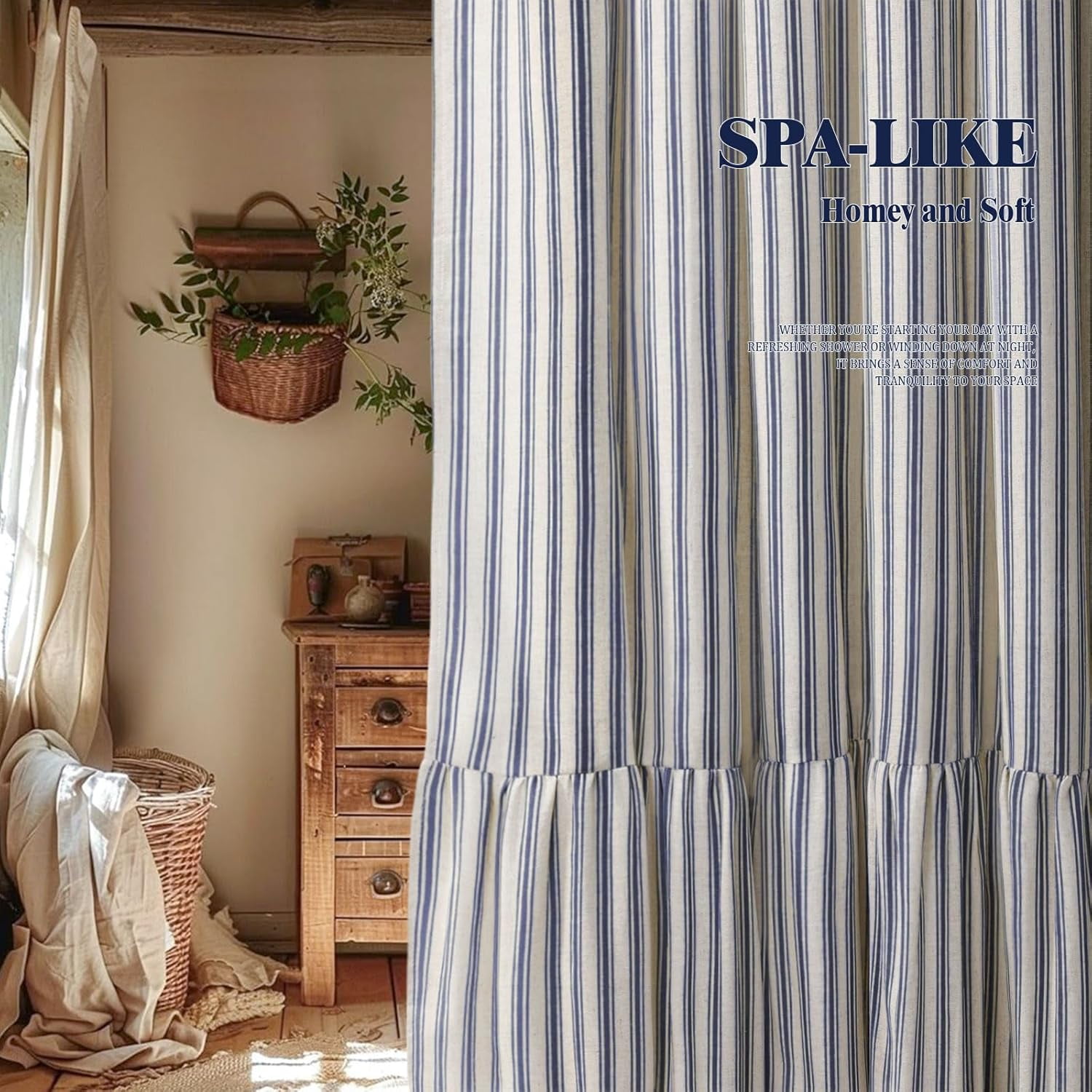 Boho Farmhouse Shower Curtain with Ruffle Hem, Linen Textured White Shower Curtains for Bathroom Vintage Rustic Fabric, Blue Stripe 72" W x 72" L