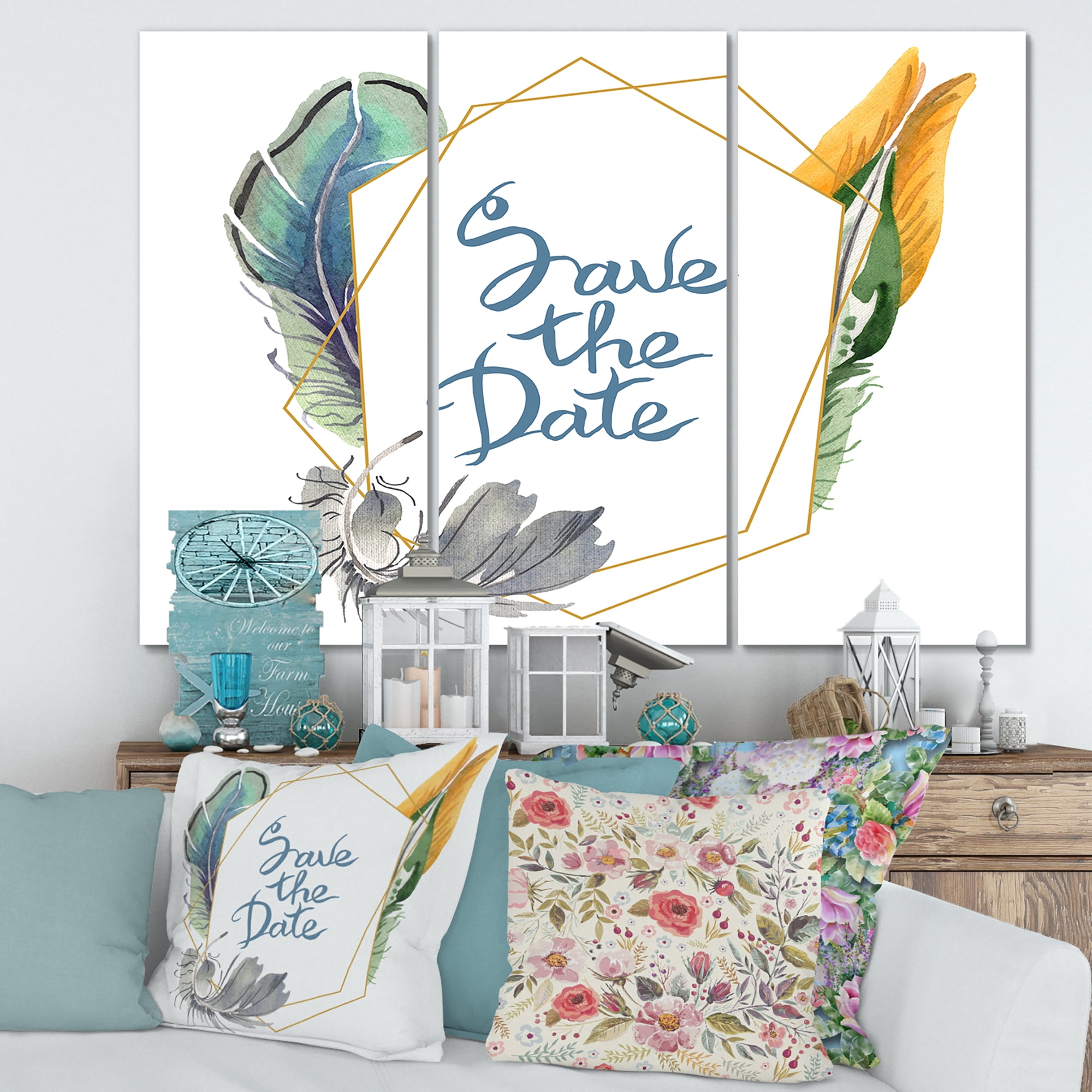 Designart ' Save The Date Bird Blue Feather ' Bohemian & Eclectic Canvas Wall Art Print